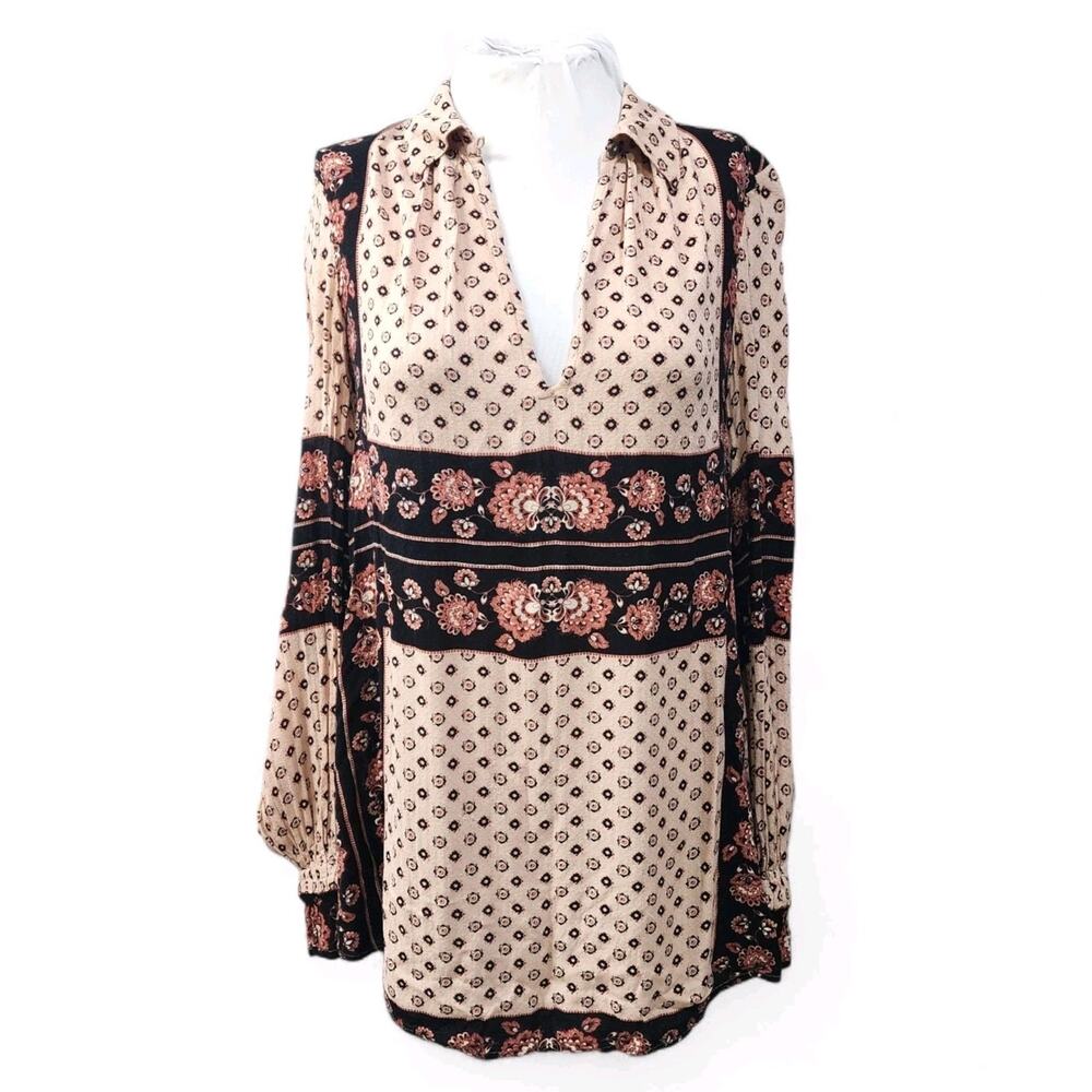 Free People Changing Times Printed Blouse Tan Brown Size XS Boho Peasant